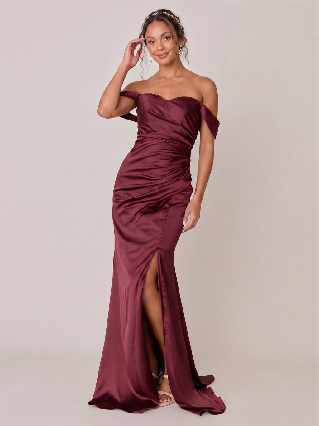 Elegant Cabernet Satin Trumpet Off-the-Shoulder Back Zip Ankle-Length Bridesmaid Dress