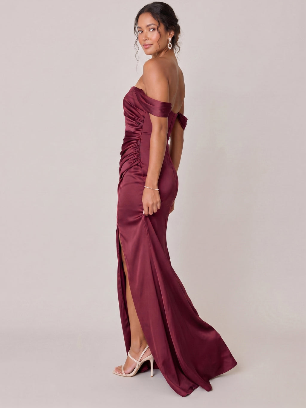 Elegant Cabernet Satin Trumpet Off-the-Shoulder Back Zip Ankle-Length Bridesmaid Dress