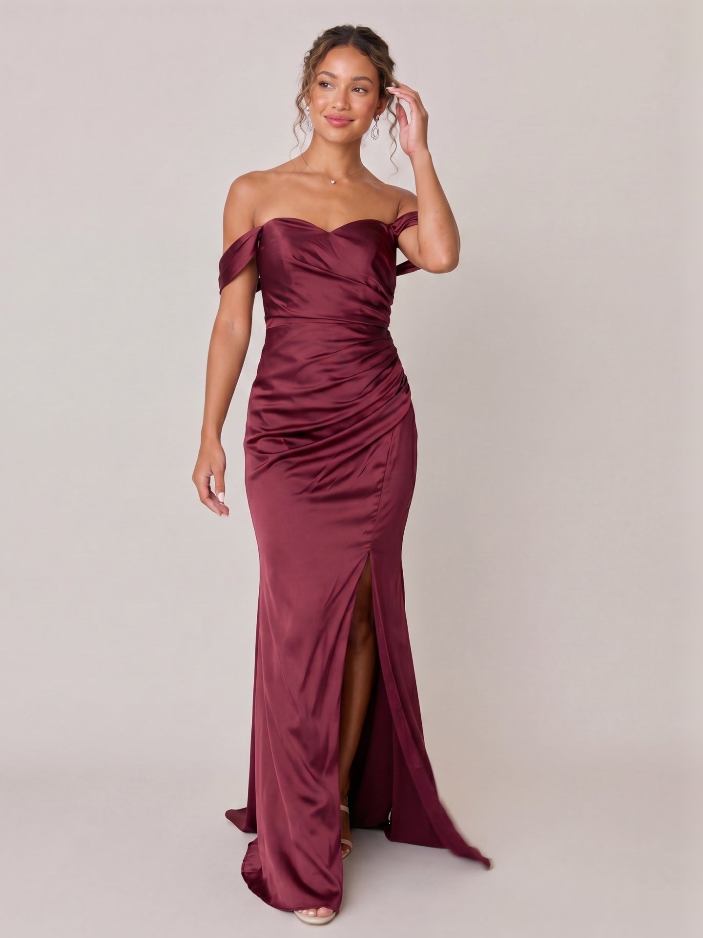Elegant Cabernet Satin Trumpet Off-the-Shoulder Back Zip Ankle-Length Bridesmaid Dress
