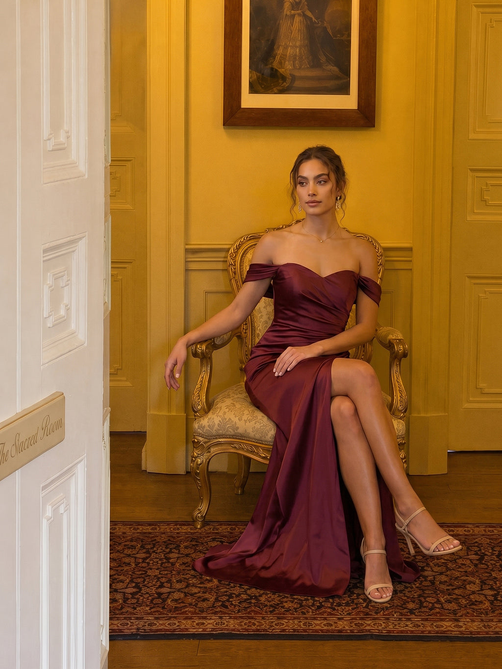 Elegant Cabernet Satin Trumpet Off-the-Shoulder Back Zip Ankle-Length Bridesmaid Dress