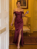 Elegant Cabernet Satin Trumpet Off-the-Shoulder Back Zip Ankle-Length Bridesmaid Dress