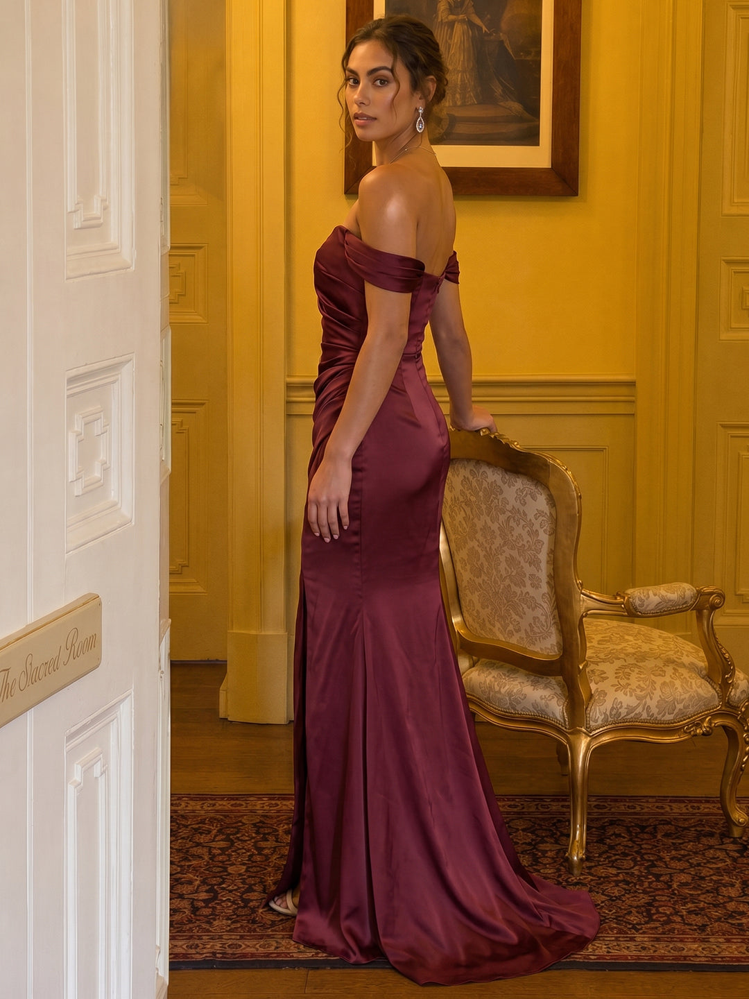 Elegant Cabernet Satin Trumpet Off-the-Shoulder Back Zip Ankle-Length Bridesmaid Dress
