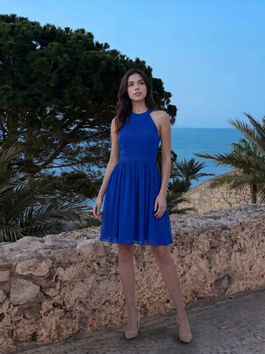 Elegant Royal Blue Chiffon A-Line Halter neckline Backless Knee-Length Bridesmaid Dress