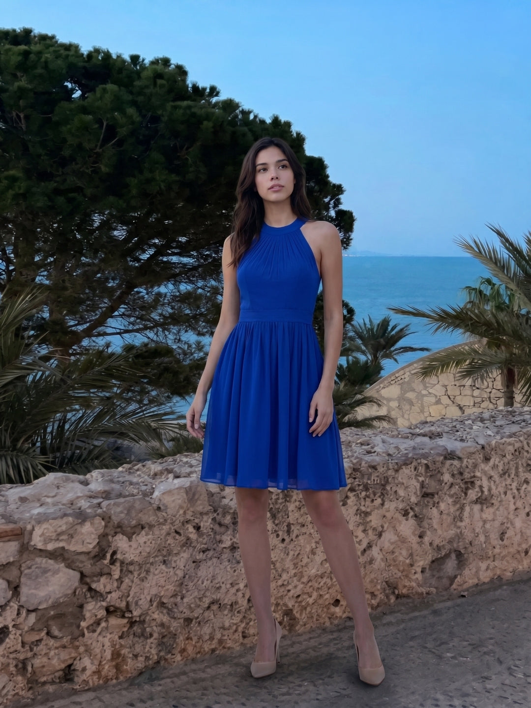 Elegant Royal Blue Chiffon A-Line Halter neckline Backless Knee-Length Bridesmaid Dress