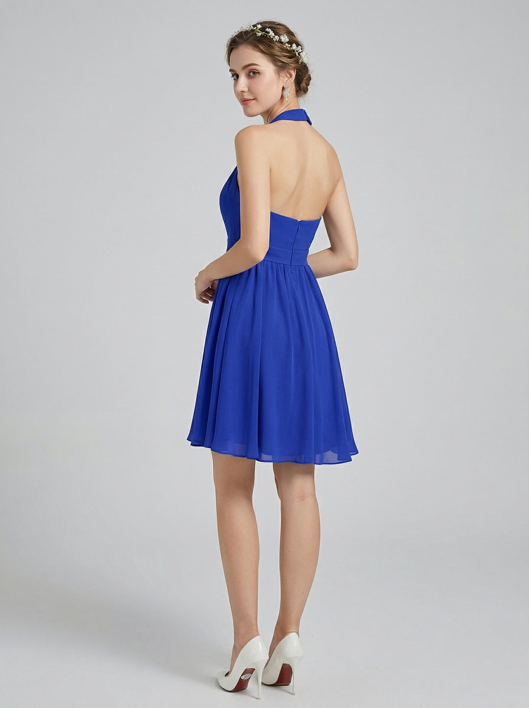 Elegant Royal Blue Chiffon A-Line Halter neckline Backless Knee-Length Bridesmaid Dress