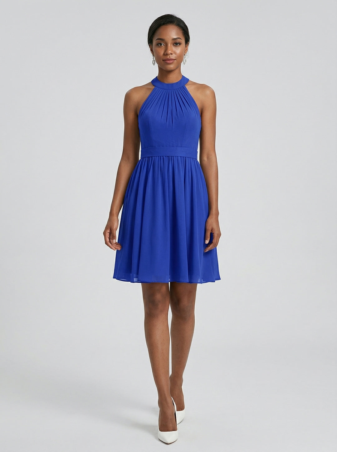Elegant Royal Blue Chiffon A-Line Halter neckline Backless Knee-Length Bridesmaid Dress