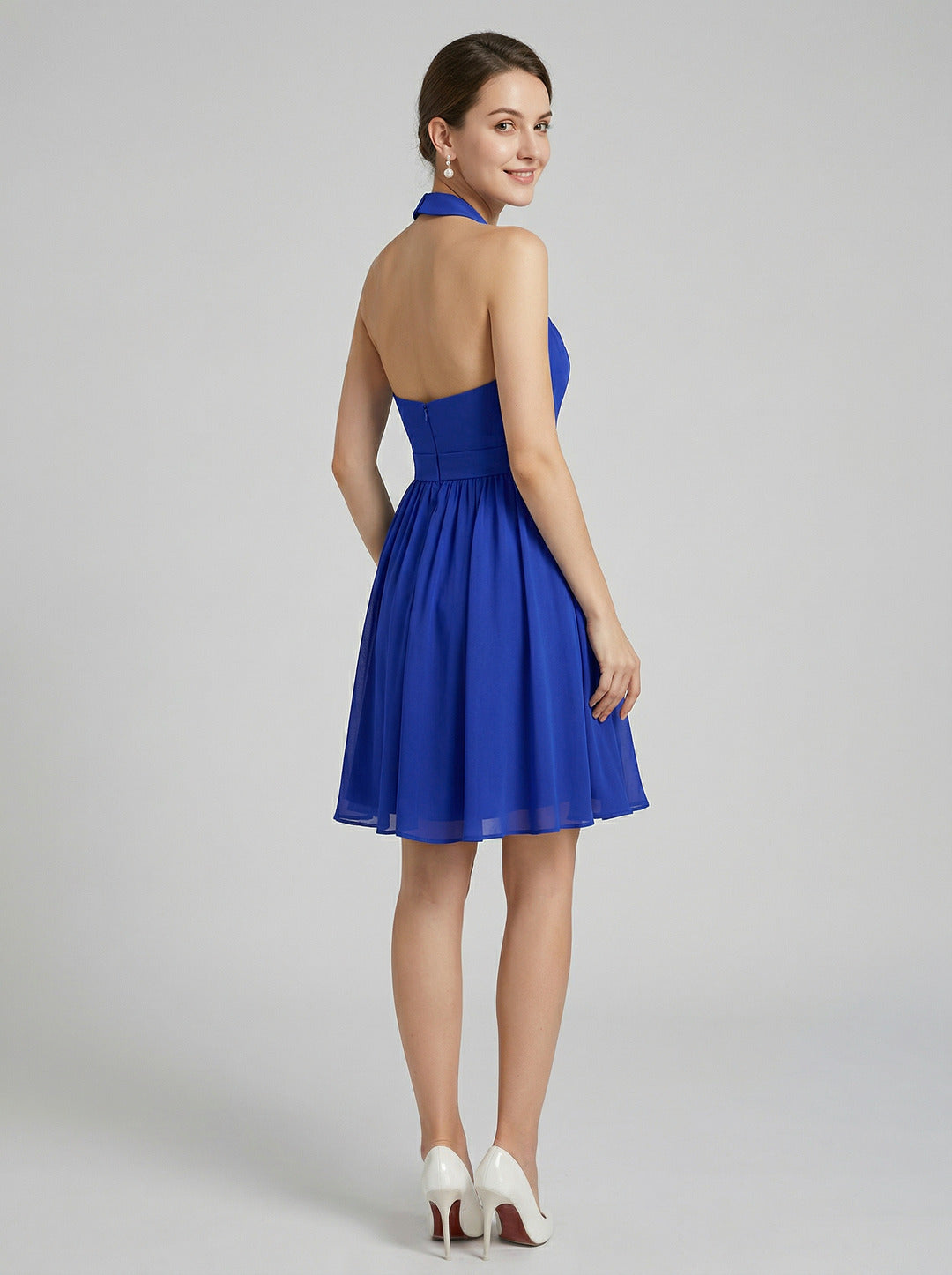 Elegant Royal Blue Chiffon A-Line Halter neckline Backless Knee-Length Bridesmaid Dress