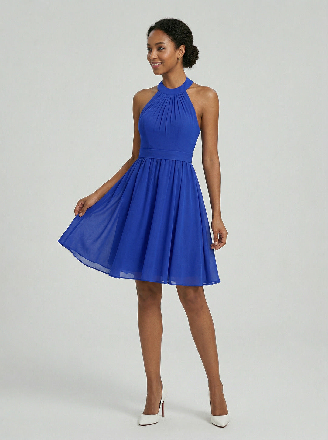 Elegant Royal Blue Chiffon A-Line Halter neckline Backless Knee-Length Bridesmaid Dress