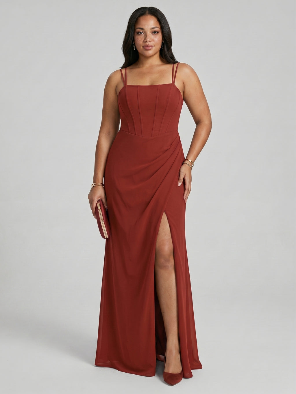 Elegant Rust Chiffon A-Line Straight Neck Criss-Cross Straps with nan Ankle-Length Bridesmaid Dress