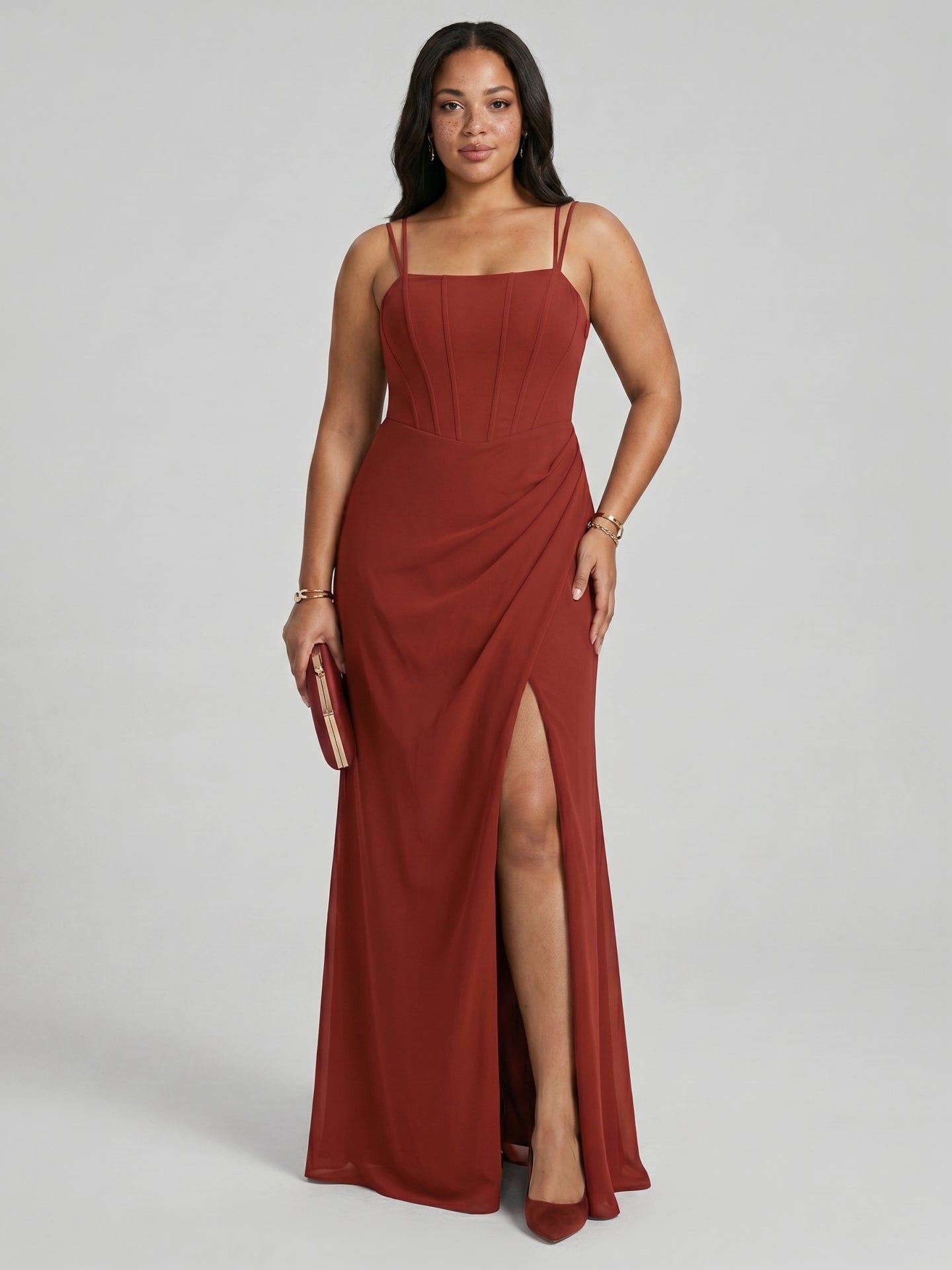 Elegant Rust Chiffon A-Line Straight Neck Criss-Cross Straps with nan Ankle-Length Bridesmaid Dress