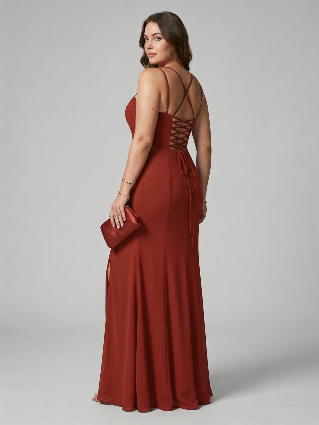 Elegant Rust Chiffon A-Line Straight Neck Criss-Cross Straps with nan Ankle-Length Bridesmaid Dress