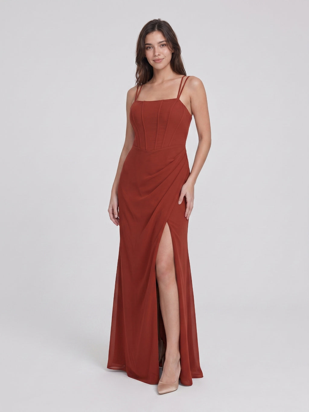 Elegant Rust Chiffon A-Line Straight Neck Criss-Cross Straps with nan Ankle-Length Bridesmaid Dress