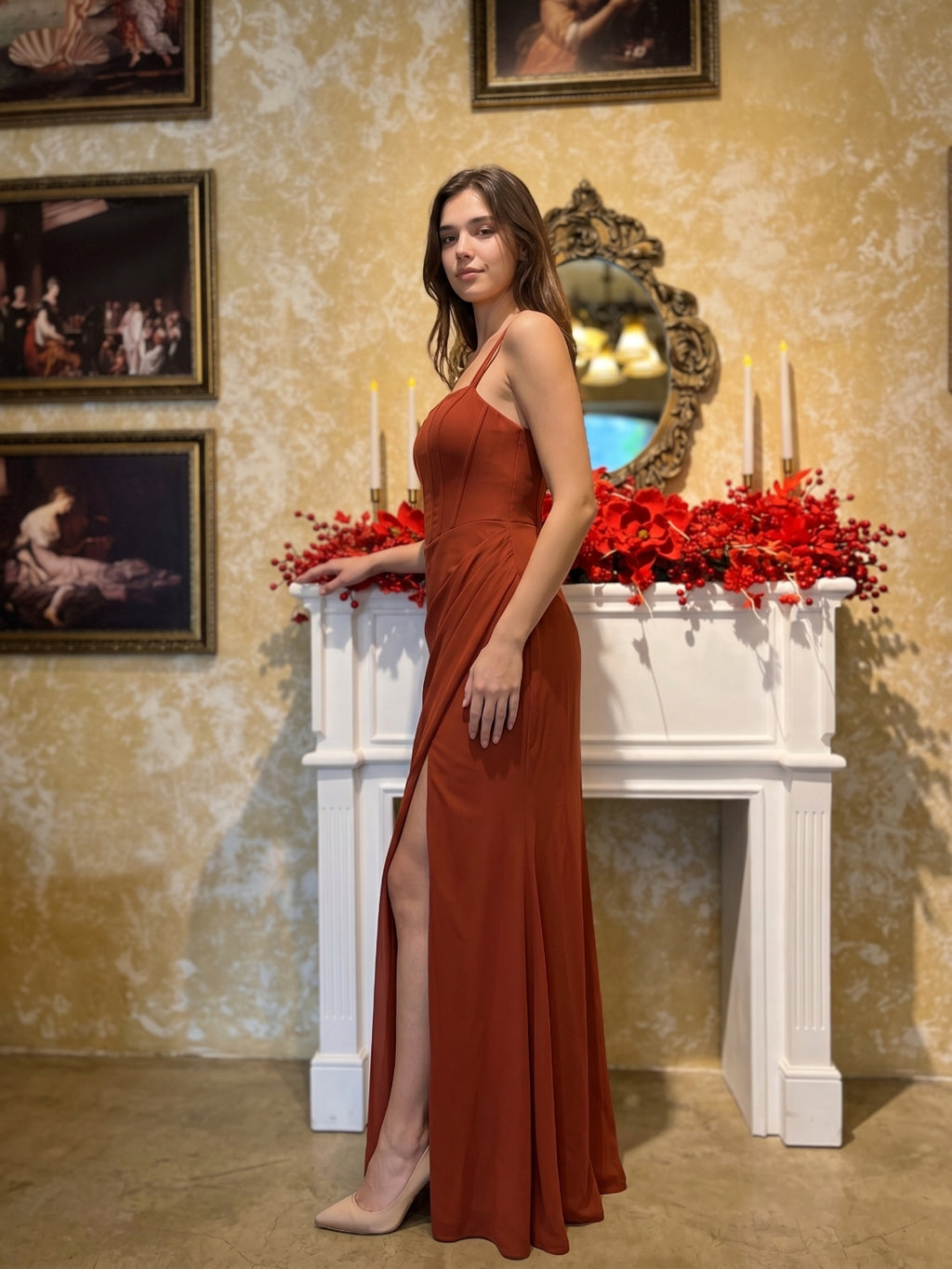 Elegant Rust Chiffon A-Line Straight Neck Criss-Cross Straps with nan Ankle-Length Bridesmaid Dress