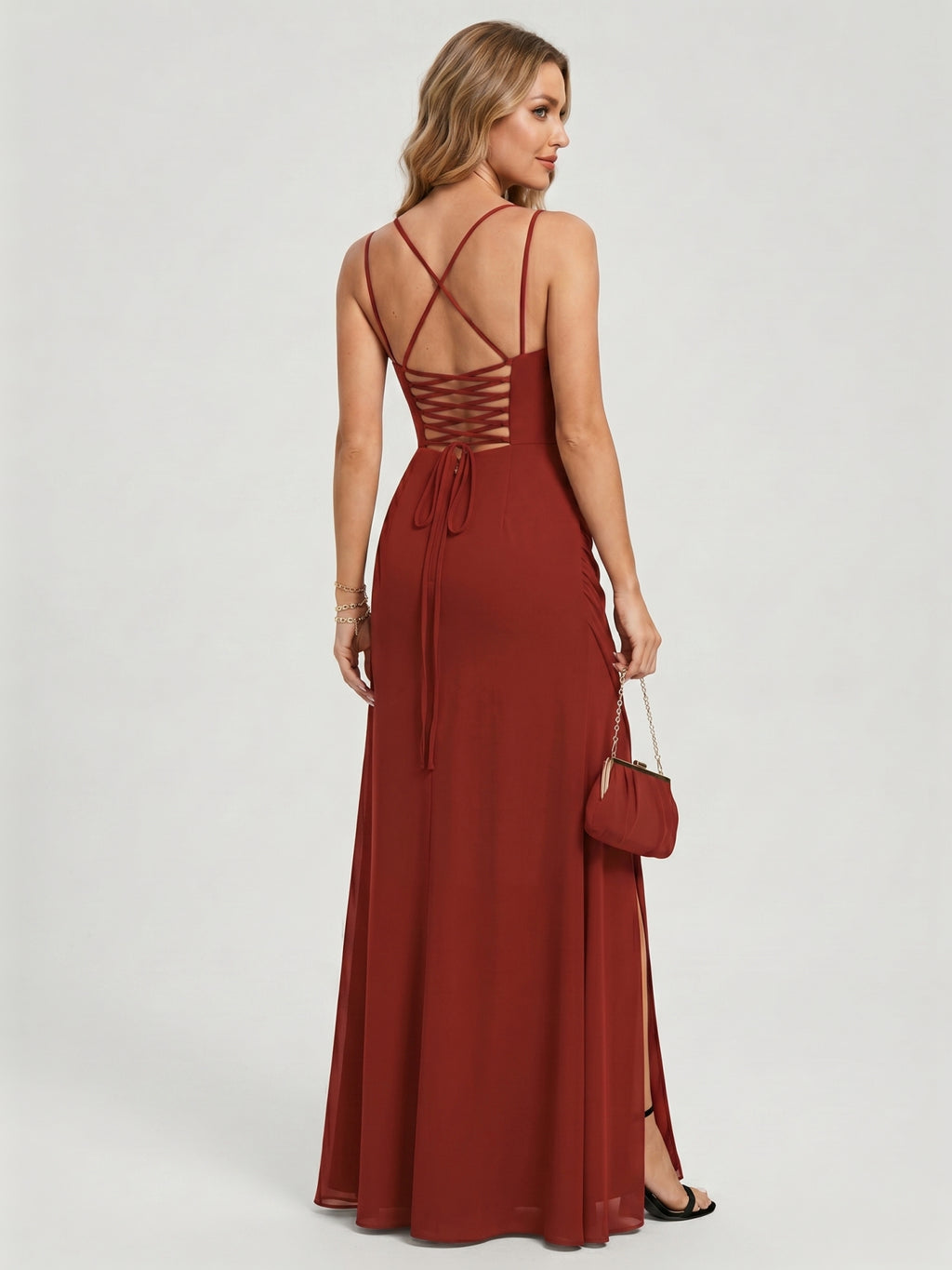 Elegant Rust Chiffon A-Line Straight Neck Criss-Cross Straps with nan Ankle-Length Bridesmaid Dress