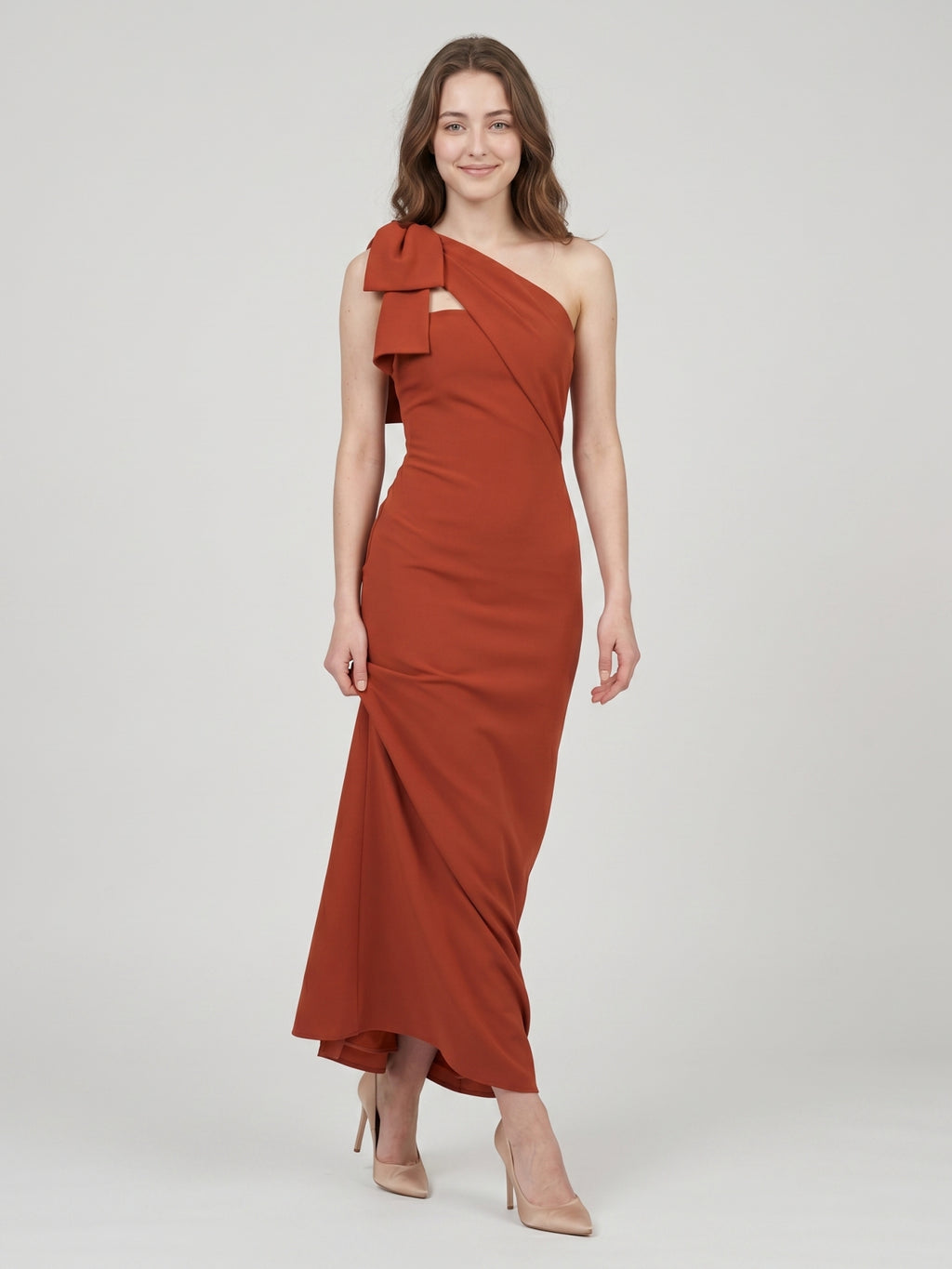 Elegant Rust Chiffon column One Shoulder Side Zip with Bow Ankle-Length Bridesmaid Dress