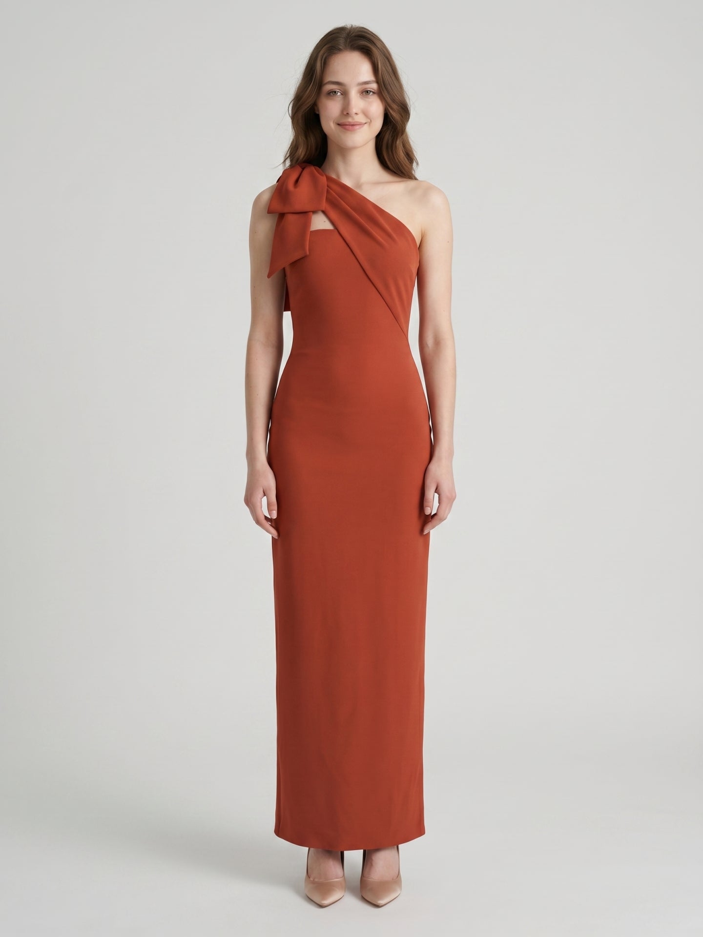 Elegant Rust Chiffon column One Shoulder Side Zip with Bow Ankle-Length Bridesmaid Dress
