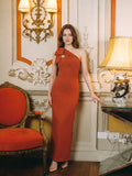 Elegant Rust Chiffon column One Shoulder Side Zip with Bow Ankle-Length Bridesmaid Dress