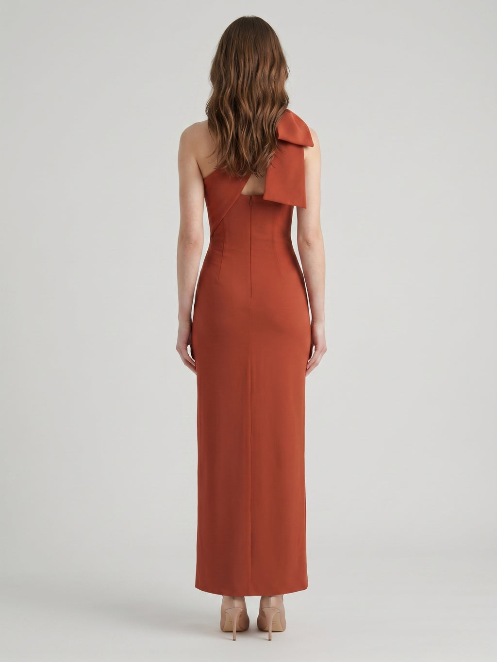 Elegant Rust Chiffon column One Shoulder Side Zip with Bow Ankle-Length Bridesmaid Dress