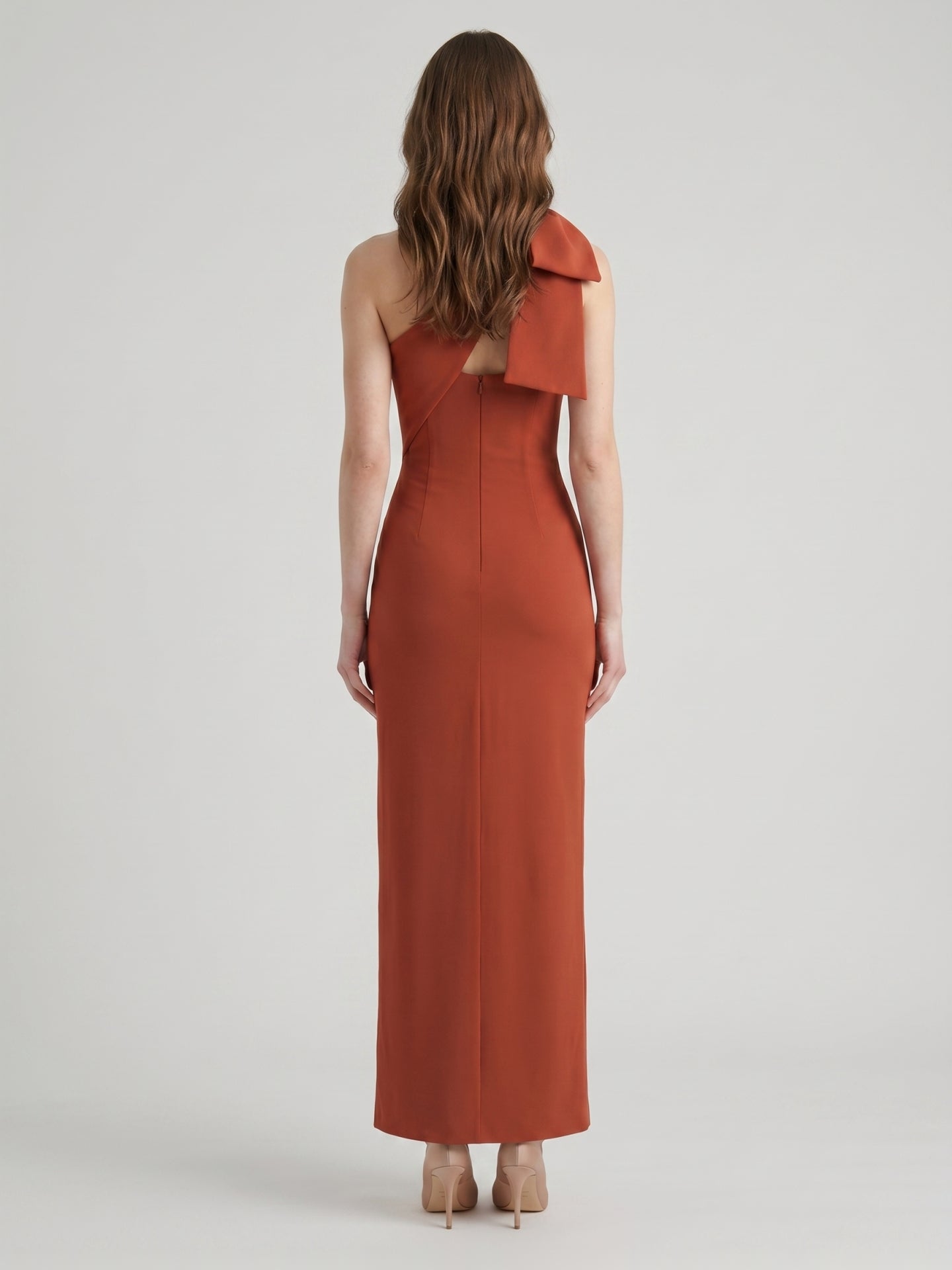 Elegant Rust Chiffon column One Shoulder Side Zip with Bow Ankle-Length Bridesmaid Dress