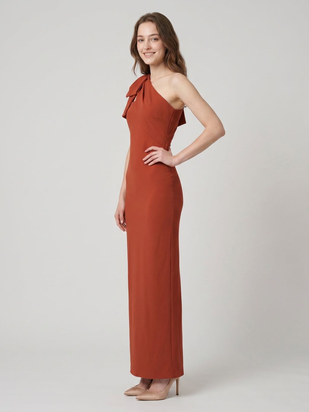 Elegant Rust Chiffon column One Shoulder Side Zip with Bow Ankle-Length Bridesmaid Dress