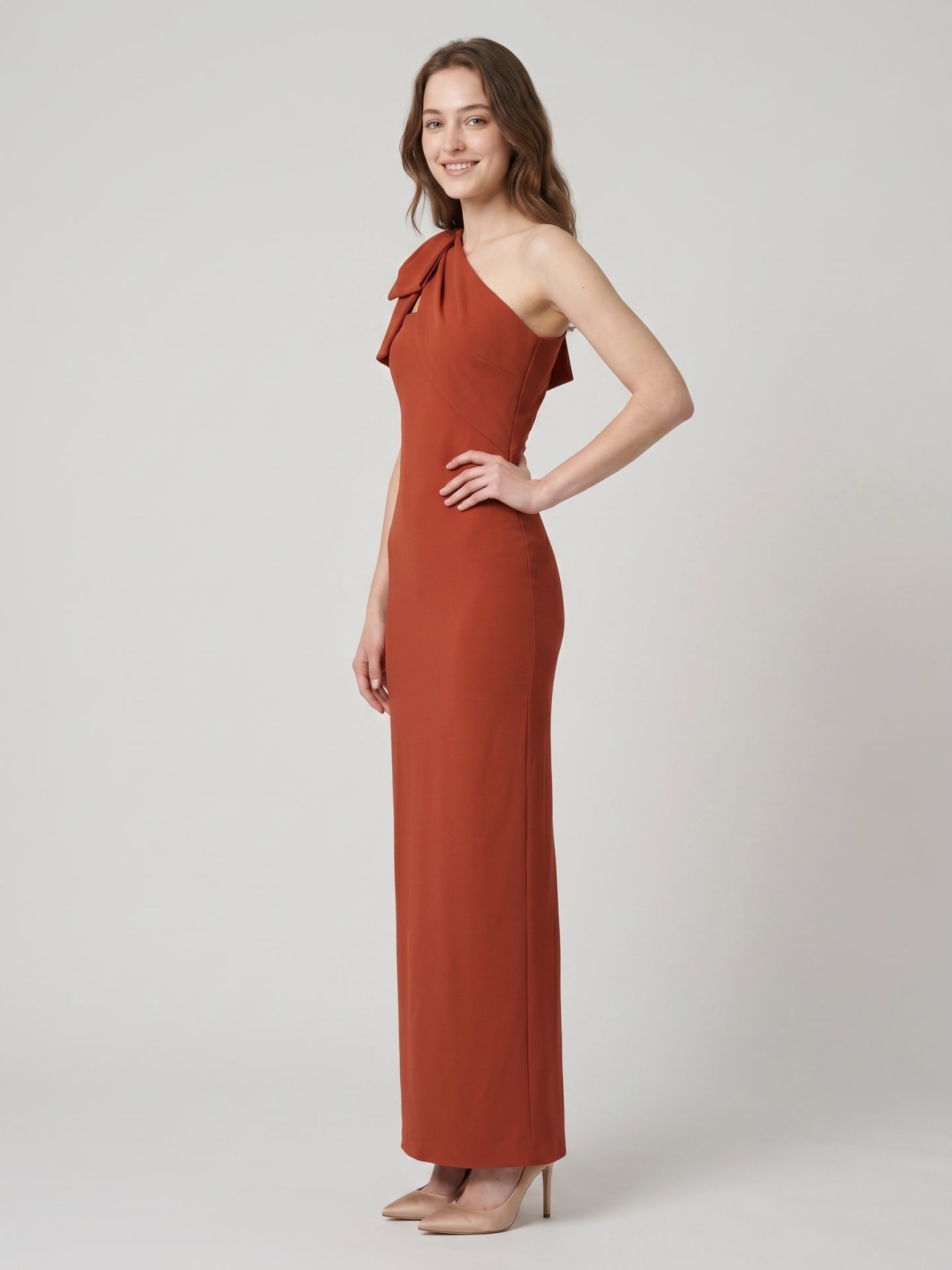 Elegant Rust Chiffon column One Shoulder Side Zip with Bow Ankle-Length Bridesmaid Dress