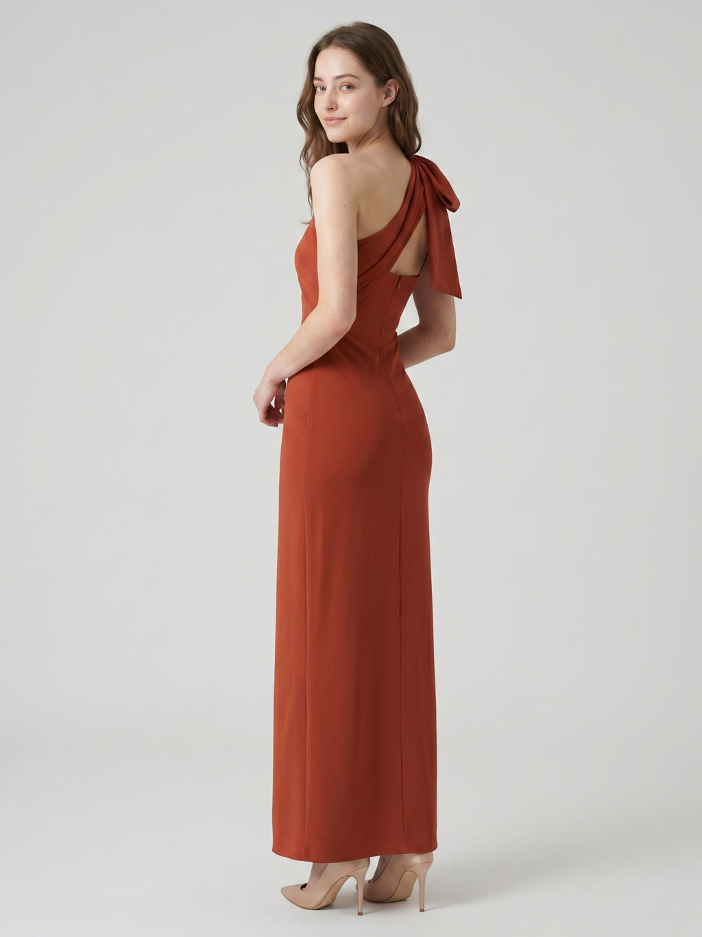 Elegant Rust Chiffon column One Shoulder Side Zip with Bow Ankle-Length Bridesmaid Dress