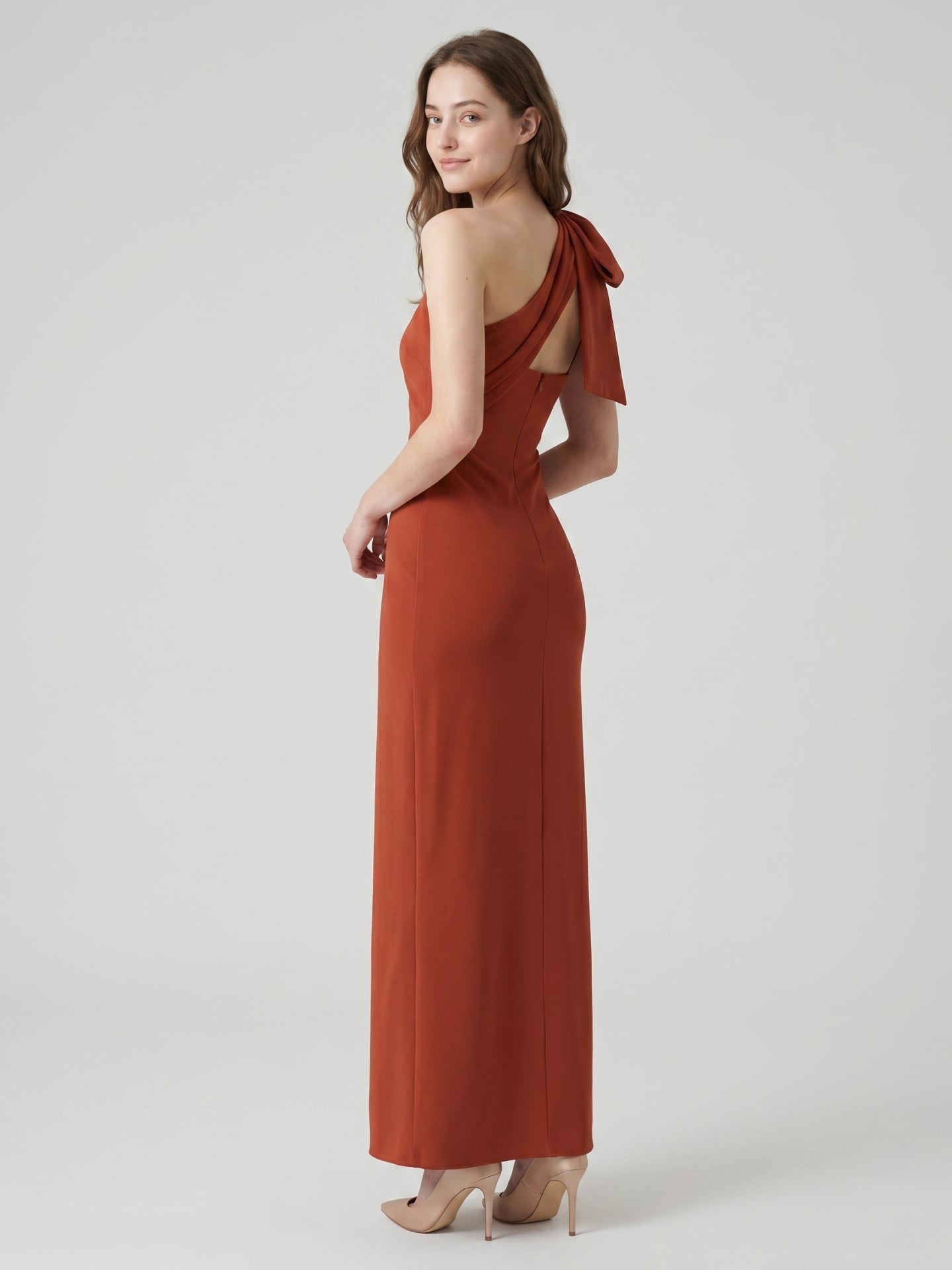 Elegant Rust Chiffon column One Shoulder Side Zip with Bow Ankle-Length Bridesmaid Dress