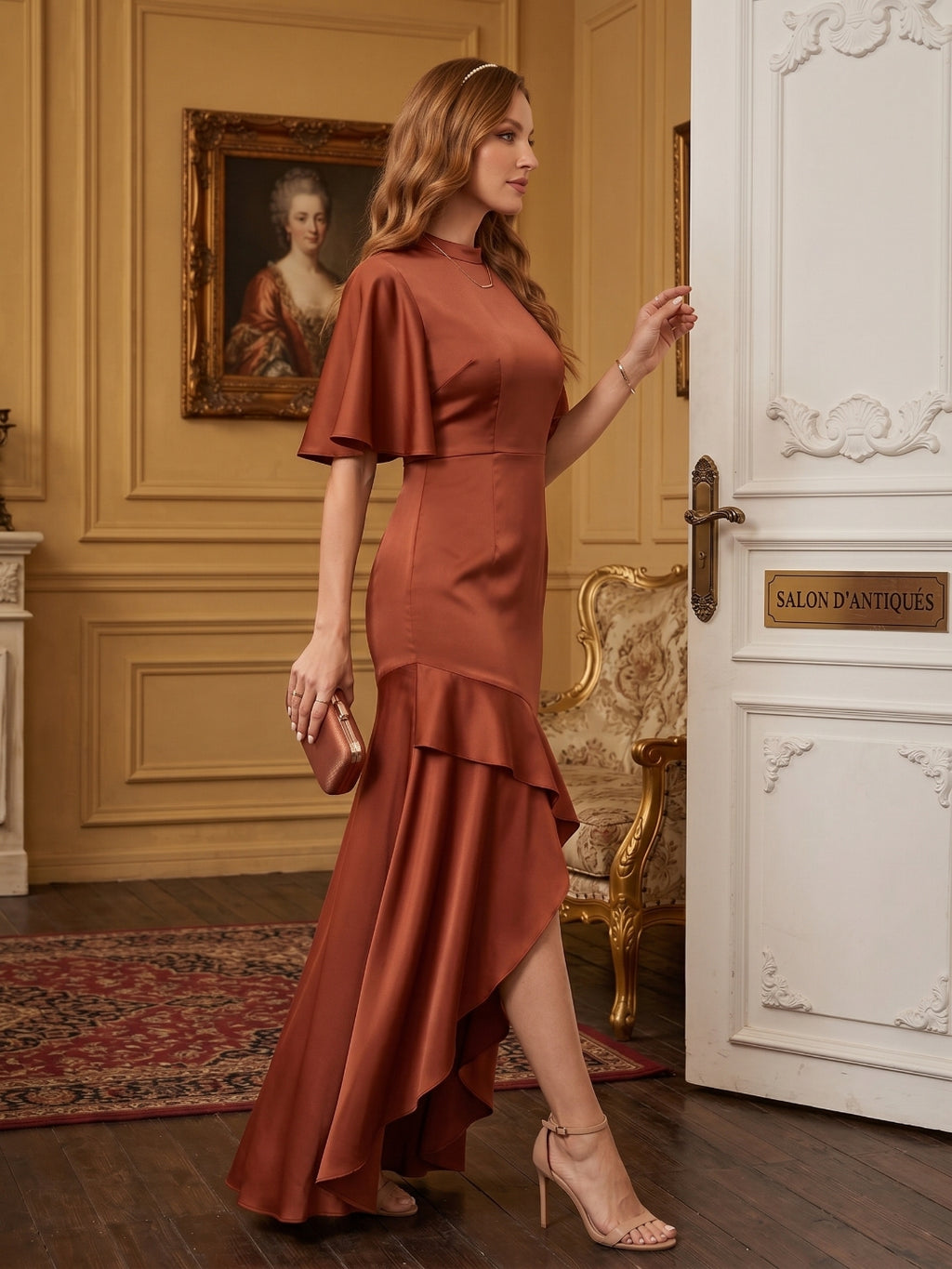 Elegant Rust Matte Satin mermaid Scoop Neck Back Zip Asymmetrical Bridesmaid Dress