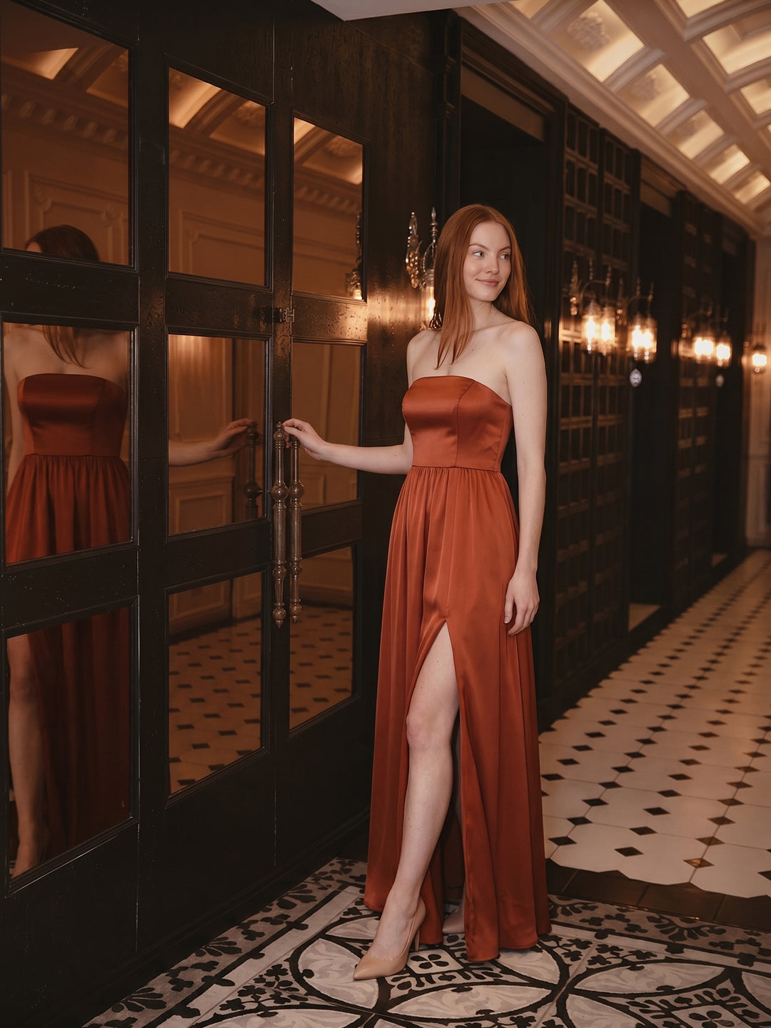 Elegant Rust Satin A-Line Strapless Back Zip Ankle-Length Bridesmaid Dress
