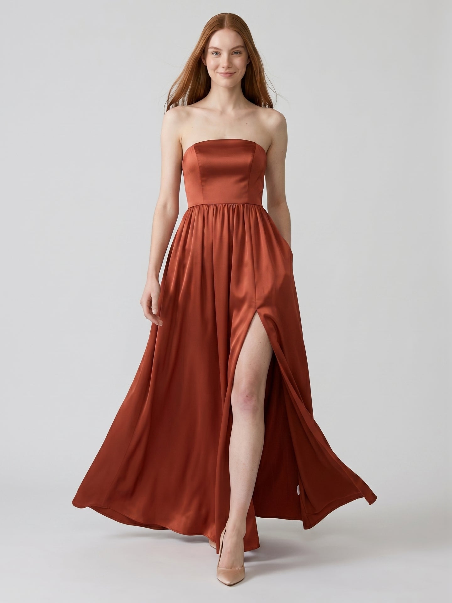 Elegant Rust Satin A-Line Strapless Back Zip Ankle-Length Bridesmaid Dress