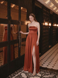 Elegant Rust Satin A-Line Strapless Back Zip Ankle-Length Bridesmaid Dress