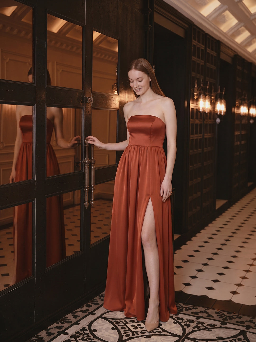 Elegant Rust Satin A-Line Strapless Back Zip Ankle-Length Bridesmaid Dress
