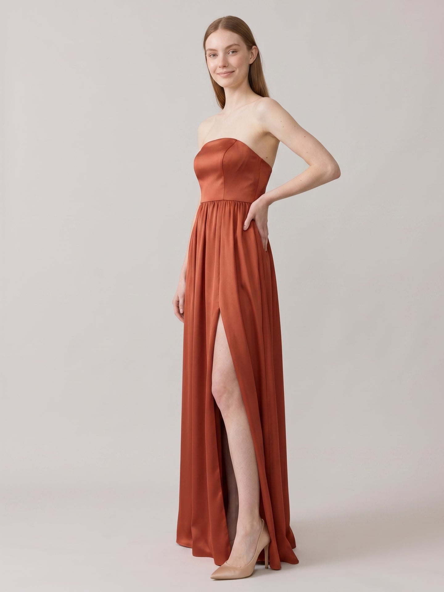 Elegant Rust Satin A-Line Strapless Back Zip Ankle-Length Bridesmaid Dress