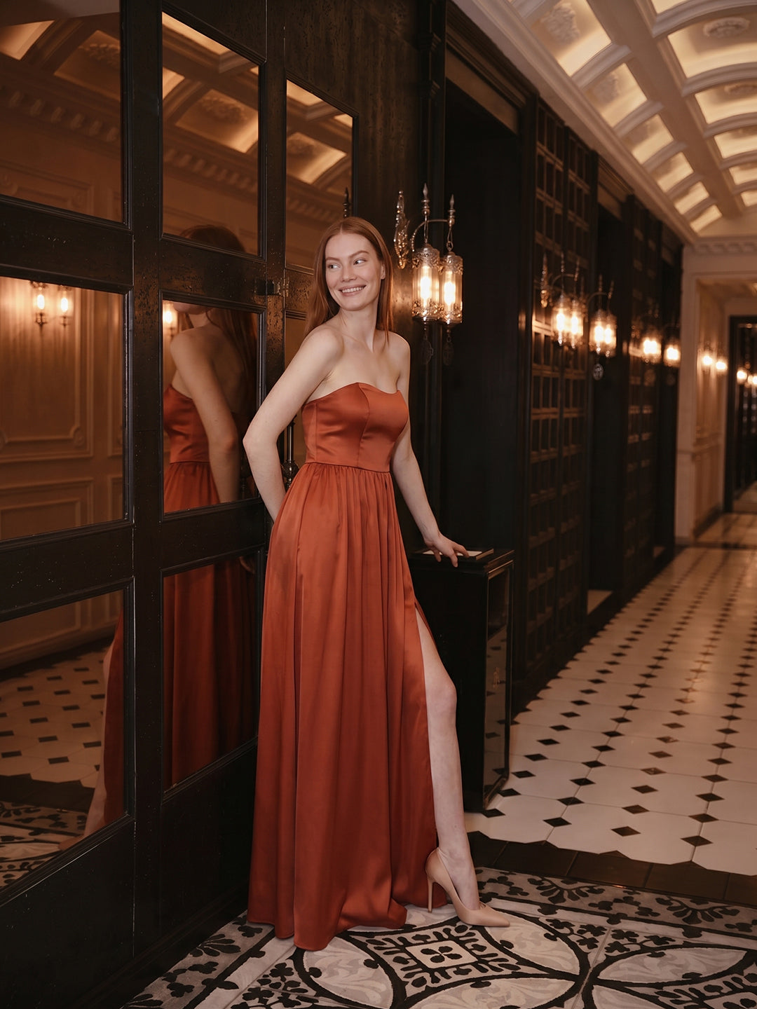 Elegant Rust Satin A-Line Strapless Back Zip Ankle-Length Bridesmaid Dress