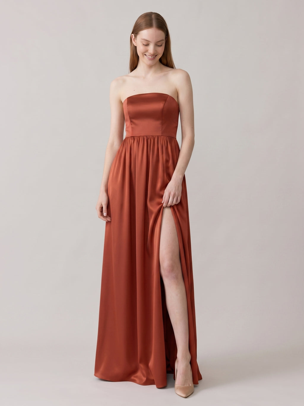 Elegant Rust Satin A-Line Strapless Back Zip Ankle-Length Bridesmaid Dress