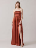 Elegant Rust Satin A-Line Strapless Back Zip Ankle-Length Bridesmaid Dress