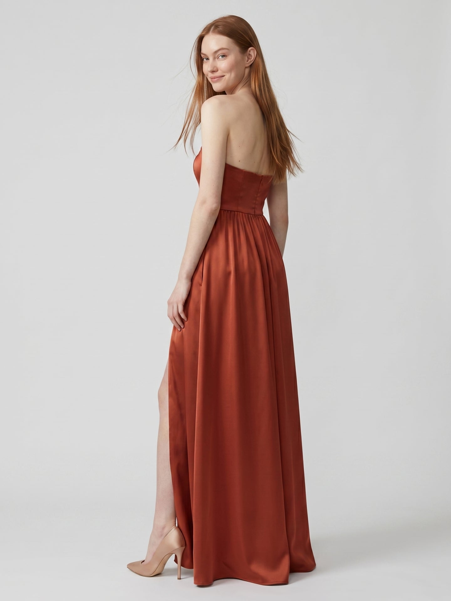 Elegant Rust Satin A-Line Strapless Back Zip Ankle-Length Bridesmaid Dress