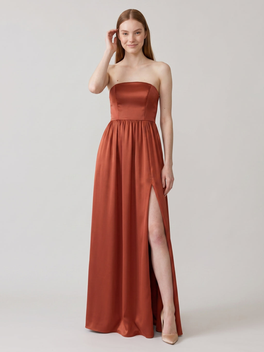 Elegant Rust Satin A-Line Strapless Back Zip Ankle-Length Bridesmaid Dress