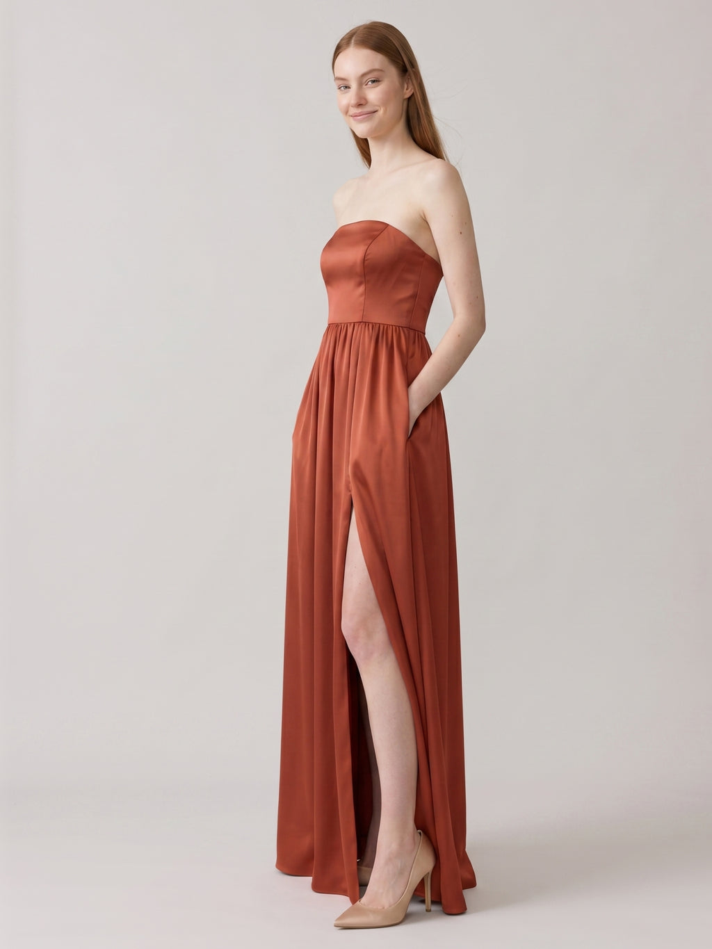Elegant Rust Satin A-Line Strapless Back Zip Ankle-Length Bridesmaid Dress