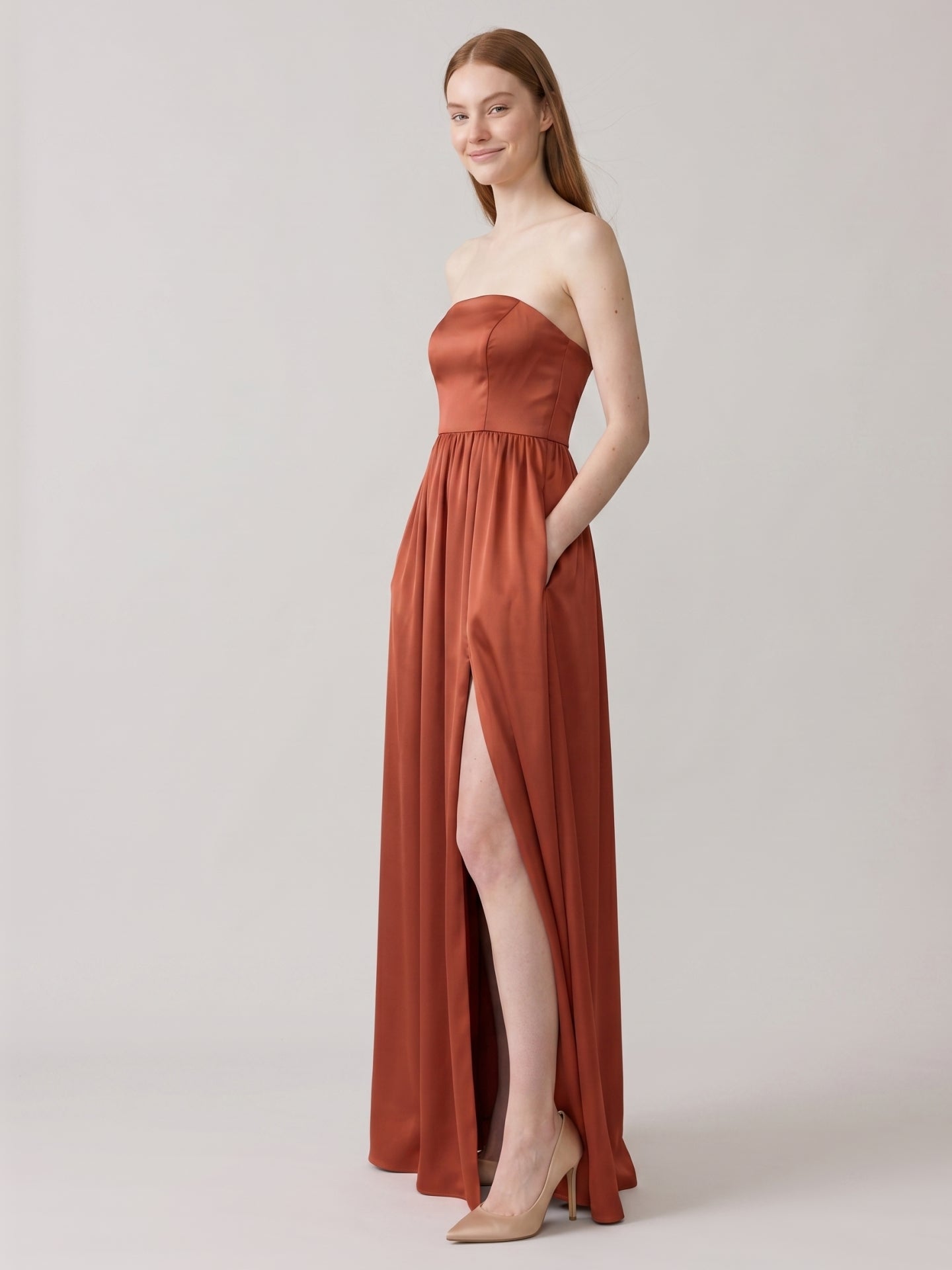 Elegant Rust Satin A-Line Strapless Back Zip Ankle-Length Bridesmaid Dress