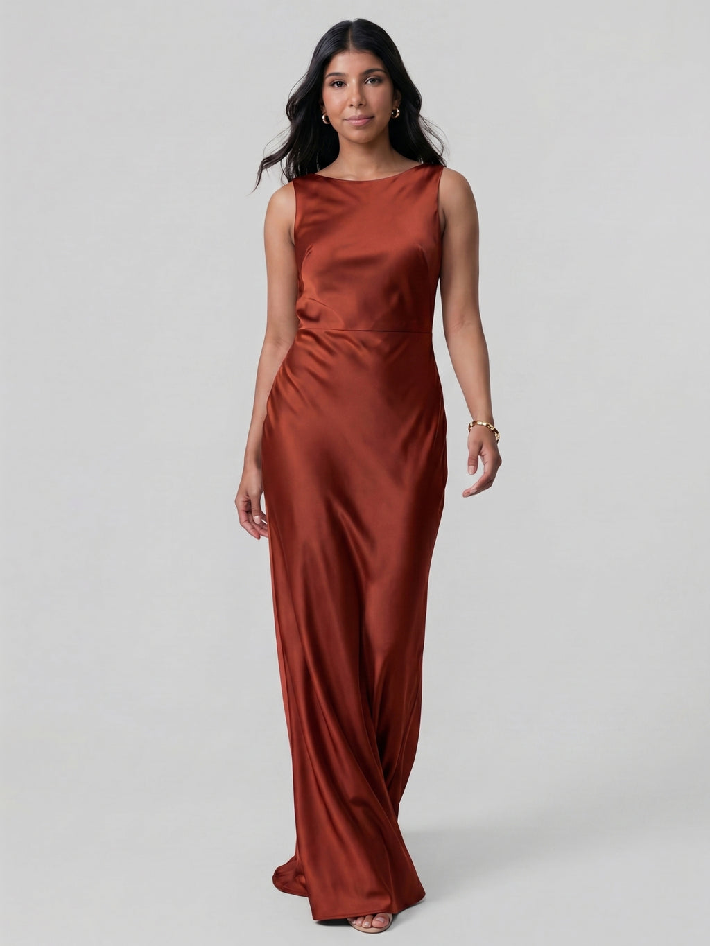 Elegant Rust Satin Trumpet Scoop Neck Backless Ankle-Length Bridesmaid Dress