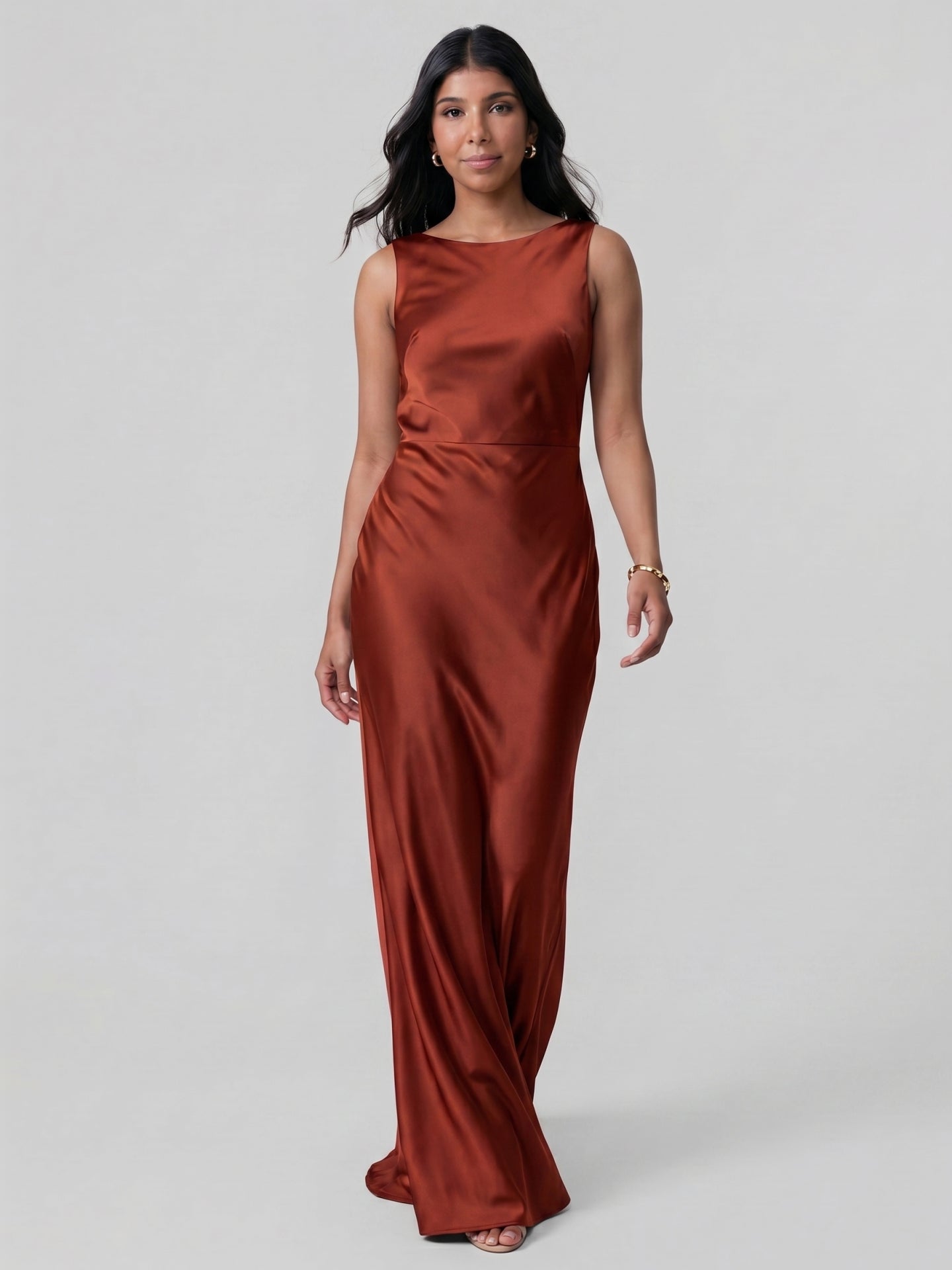 Elegant Rust Satin Trumpet Scoop Neck Backless Ankle-Length Bridesmaid Dress