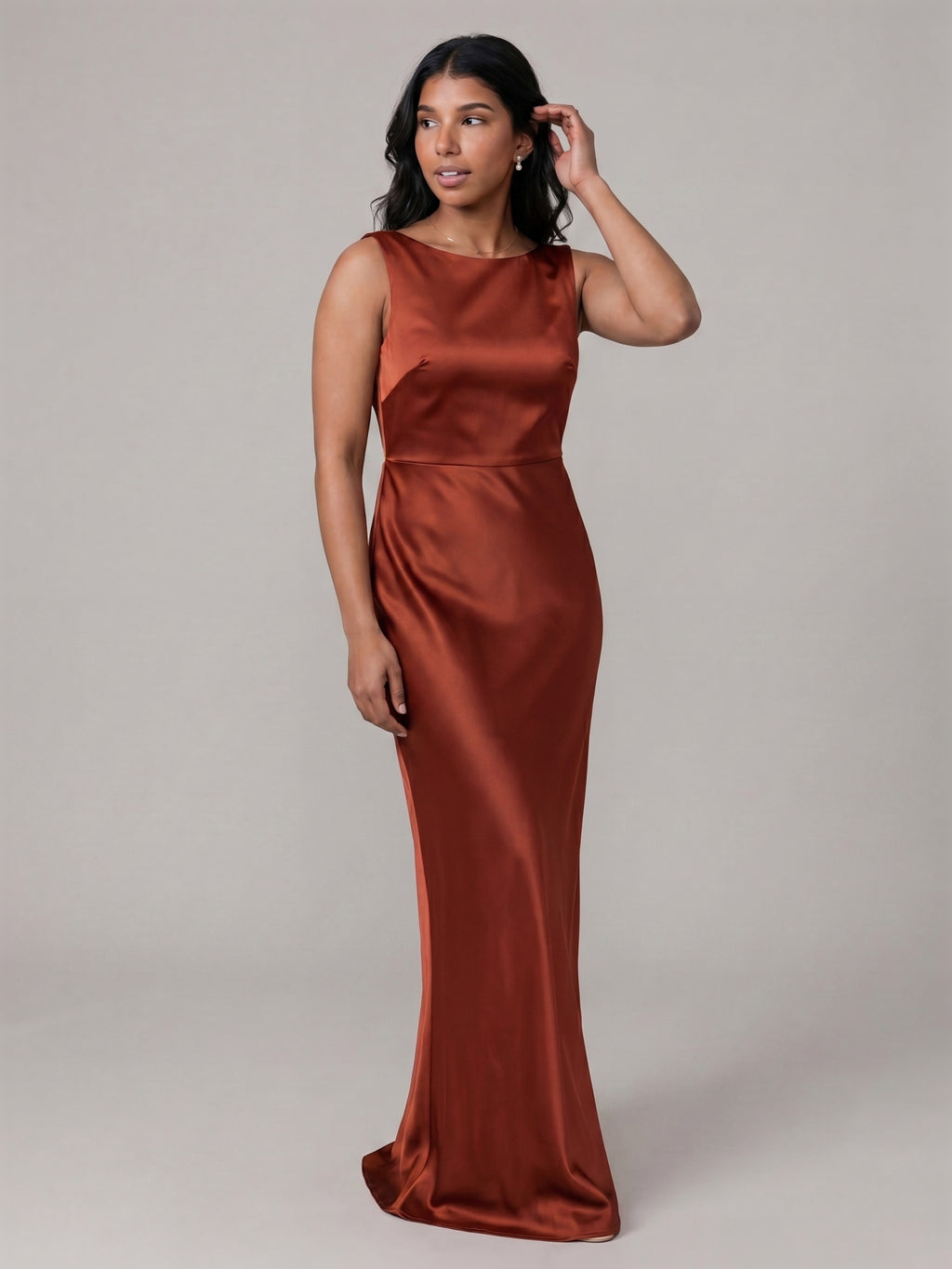 Elegant Rust Satin Trumpet Scoop Neck Backless Ankle-Length Bridesmaid Dress