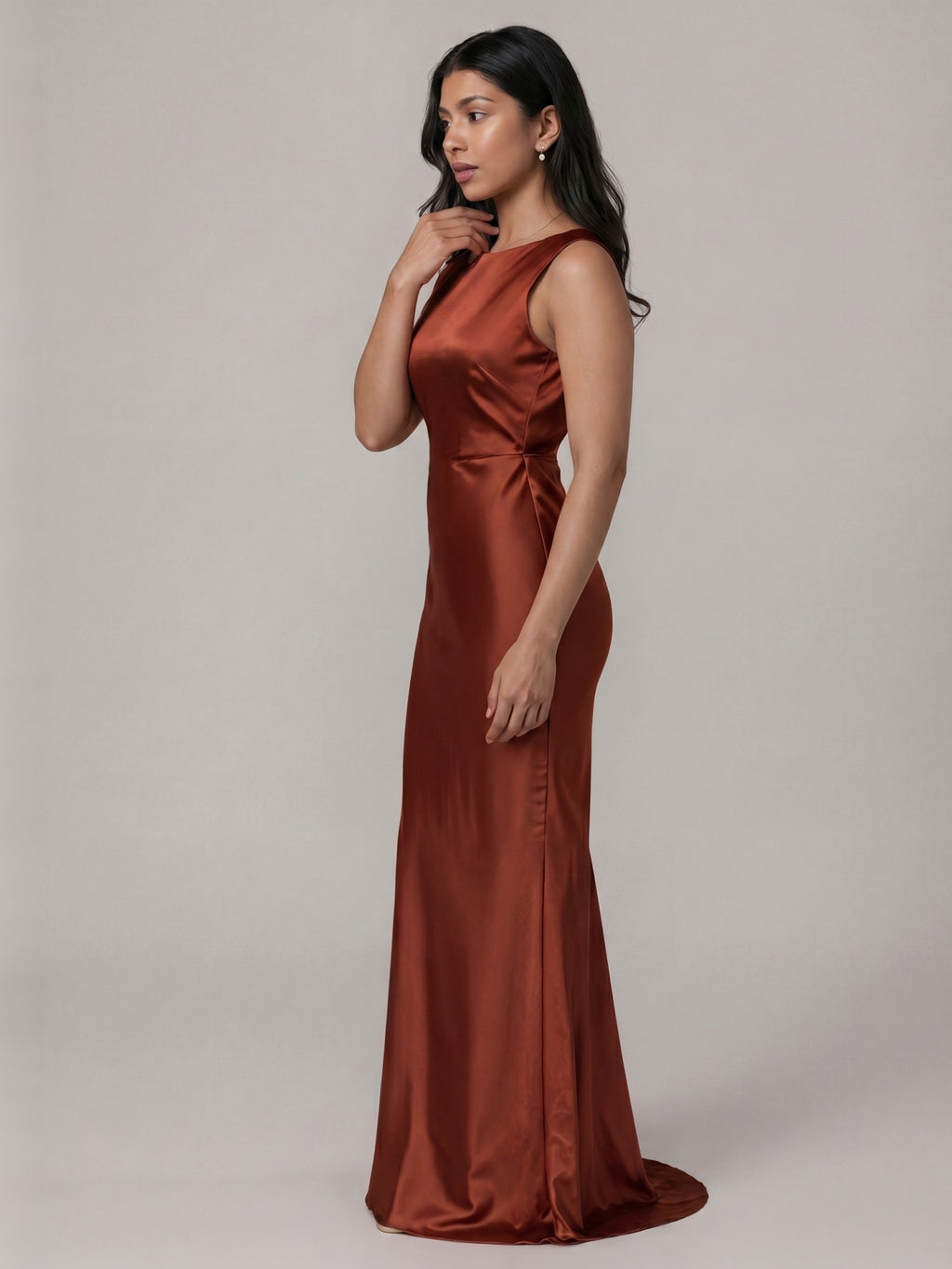 Elegant Rust Satin Trumpet Scoop Neck Backless Ankle-Length Bridesmaid Dress