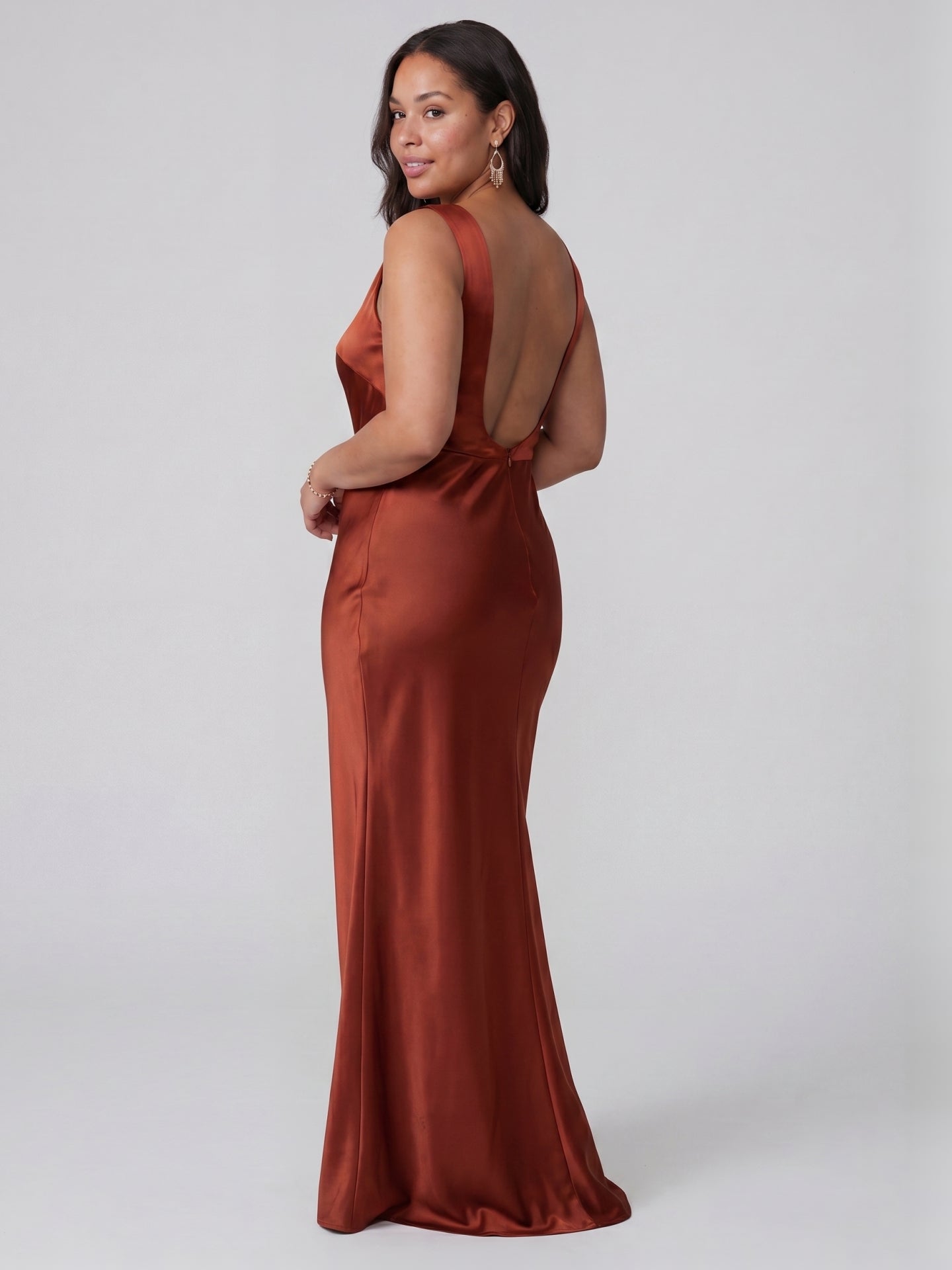 Elegant Rust Satin Trumpet Scoop Neck Backless Ankle-Length Bridesmaid Dress