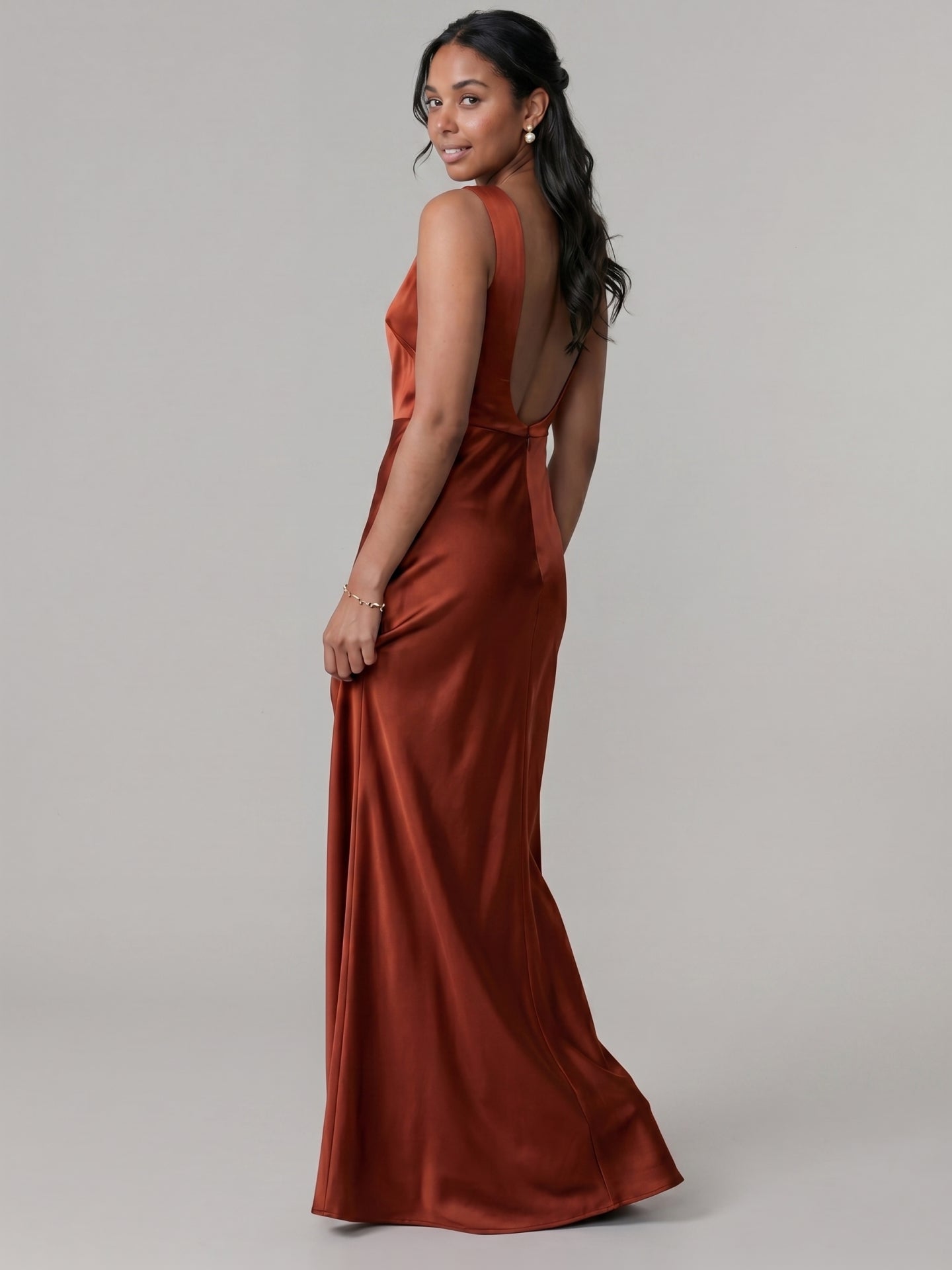 Elegant Rust Satin Trumpet Scoop Neck Backless Ankle-Length Bridesmaid Dress