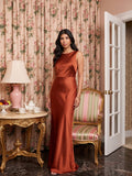 Elegant Rust Satin Trumpet Scoop Neck Backless Ankle-Length Bridesmaid Dress