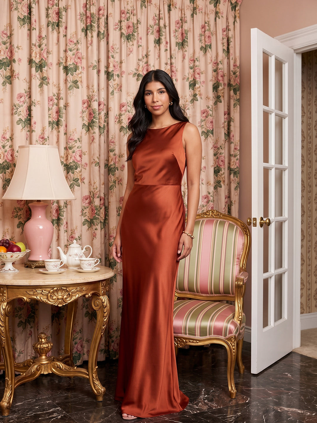 Elegant Rust Satin Trumpet Scoop Neck Backless Ankle-Length Bridesmaid Dress