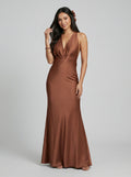Elegant Brown Satin mermaid V-Neck Ankle-Length Bridesmaid Dress with Minimalist Design