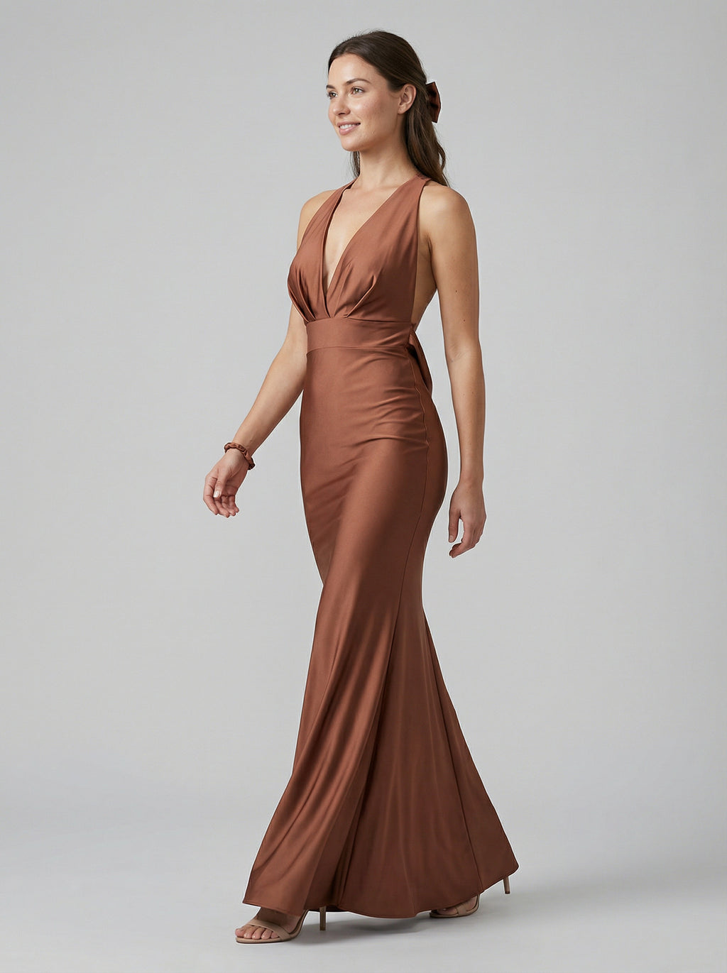 Elegant Brown Satin mermaid V-Neck Ankle-Length Bridesmaid Dress with Minimalist Design
